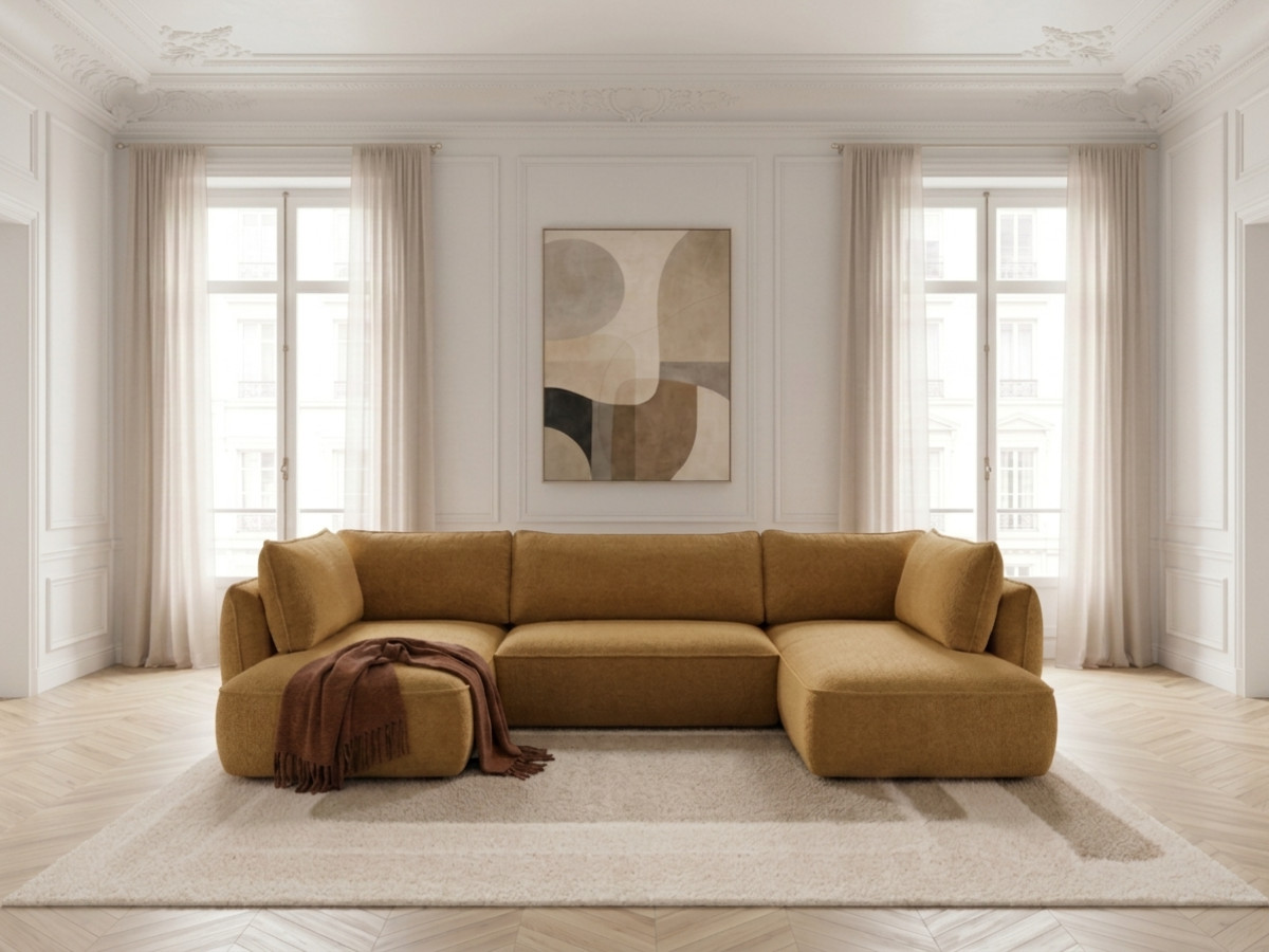 Rozkładana sofa narożna panoramiczna ESMEE z tkaniny szenilowej