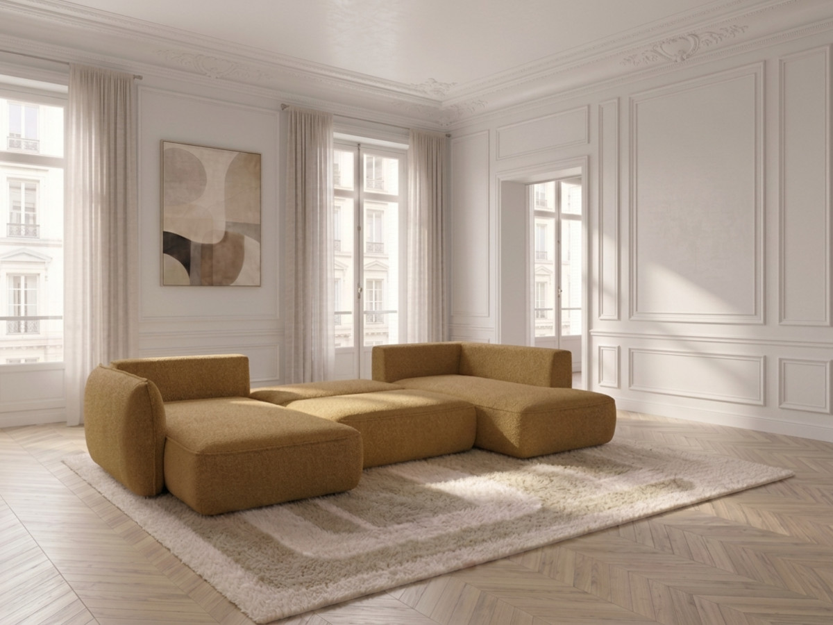 Rozkładana sofa narożna panoramiczna ESMEE z tkaniny szenilowej