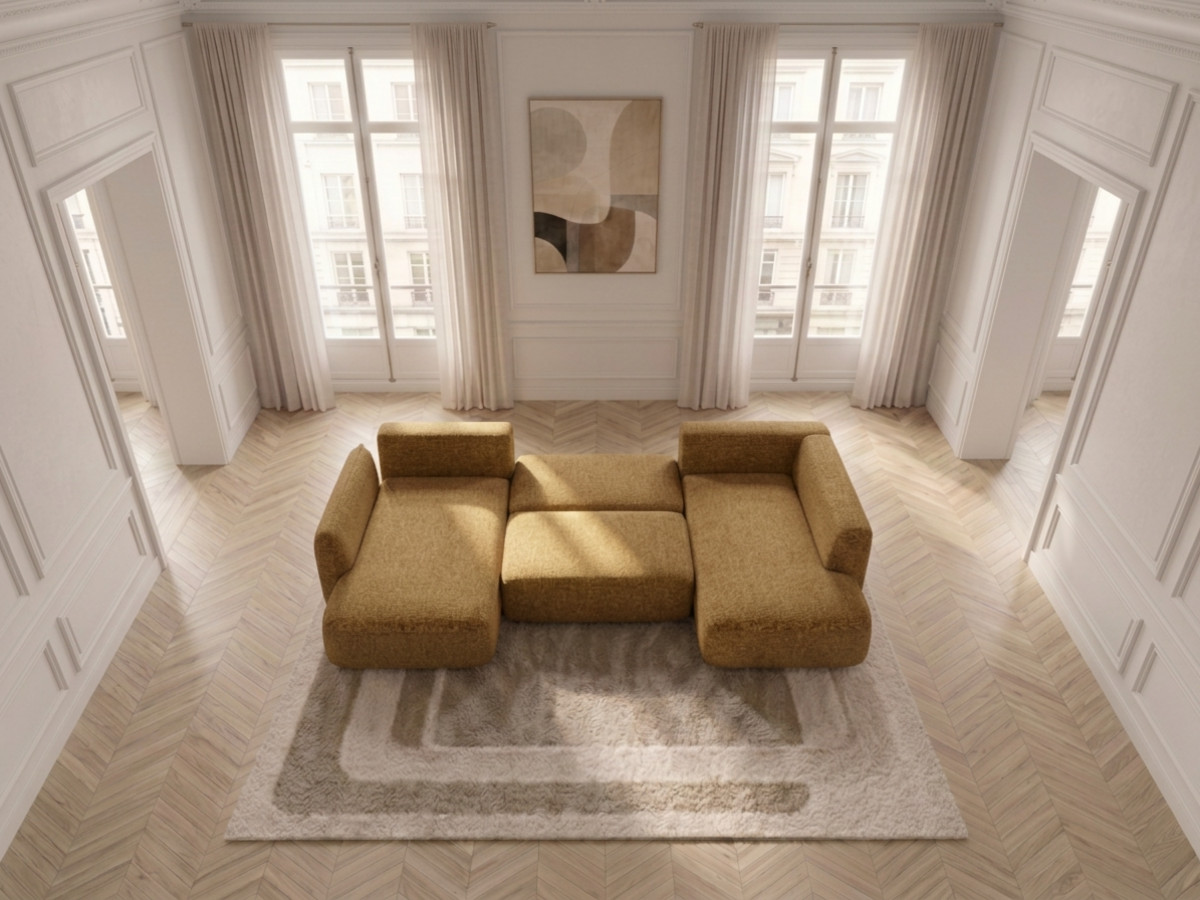 Rozkładana sofa narożna panoramiczna ESMEE z tkaniny szenilowej