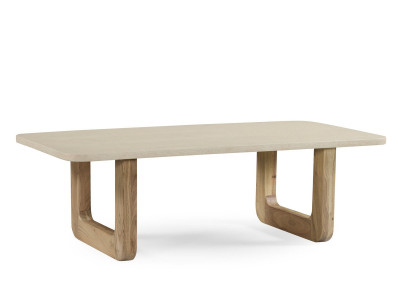 Table basse 120 cm FIRA effet travertin et pieds bois massif d'acacia