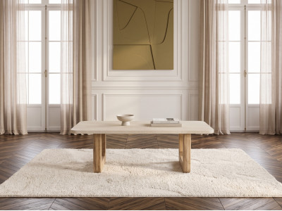 Table basse 120 cm FIRA effet travertin et pieds bois massif d'acacia