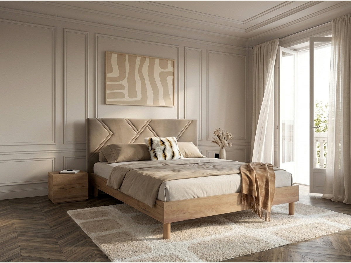 Lit MARVIN tissu velours lisse avec lattes massives
