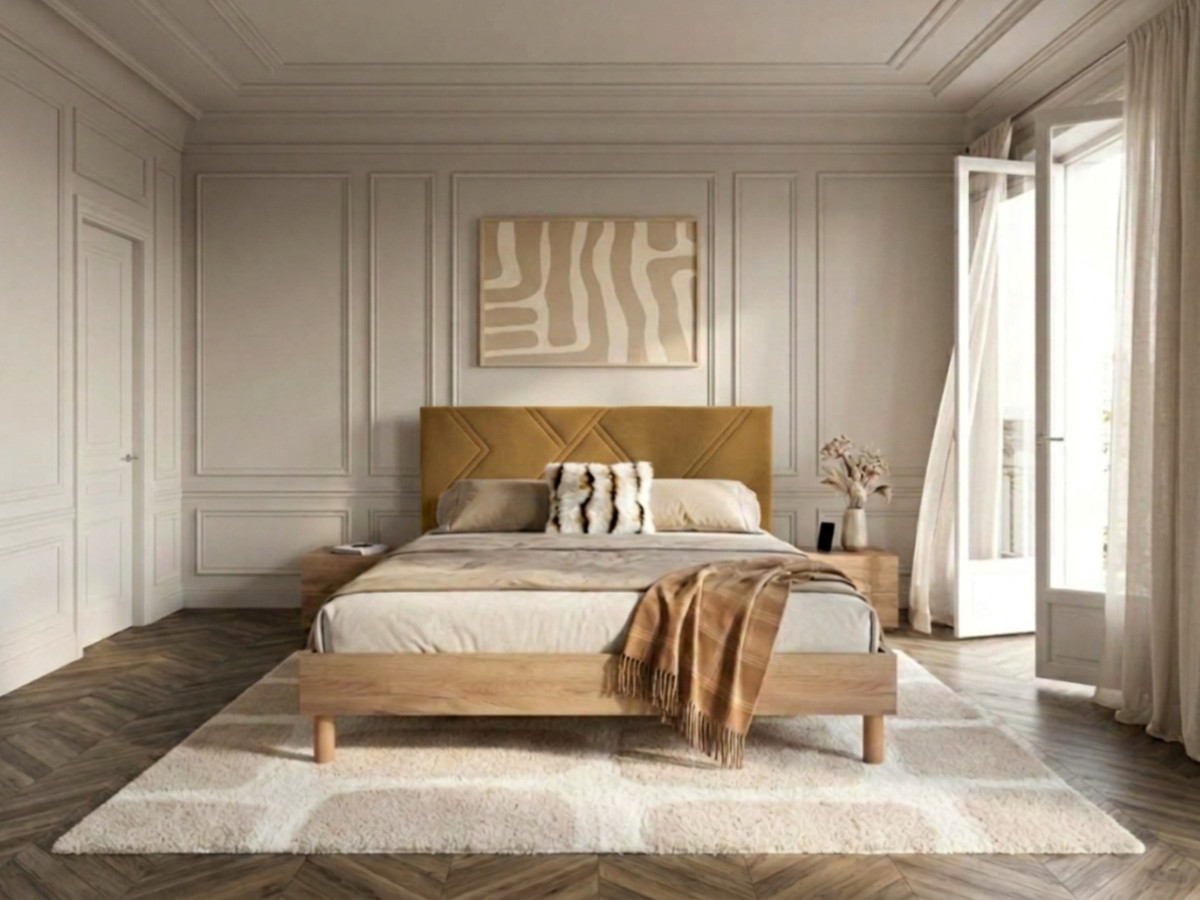 Lit MARVIN tissu velours lisse avec lattes massives