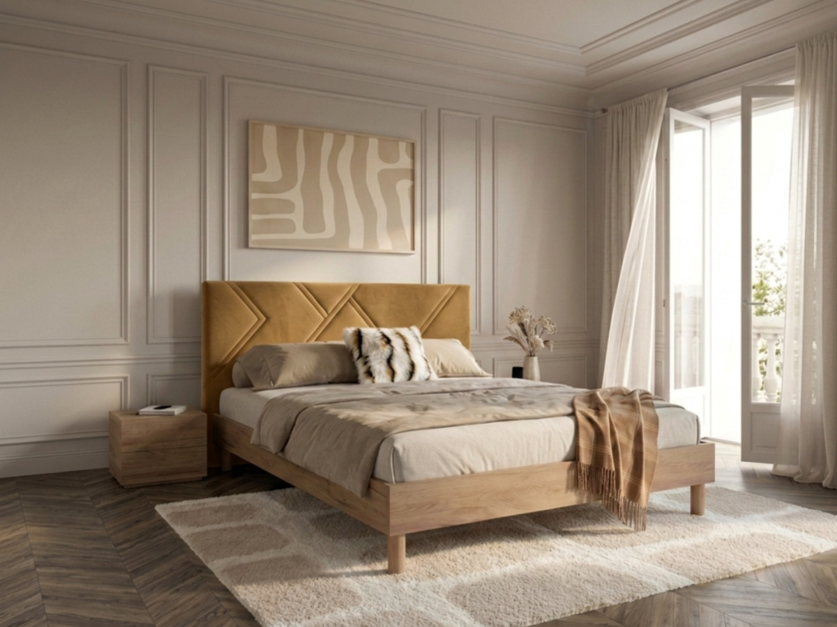 Lit MARVIN tissu velours lisse avec lattes massives