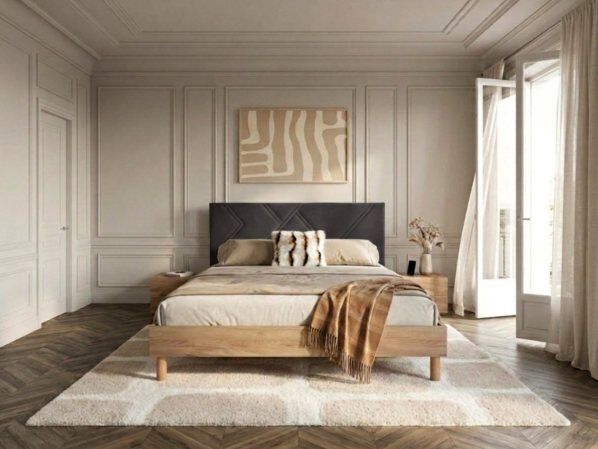 Lit MARVIN tissu velours lisse avec lattes massives