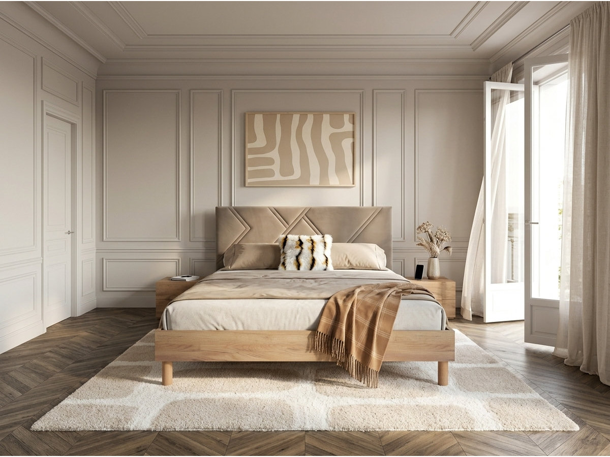 Lit MARVIN tissu velours lisse avec lattes massives