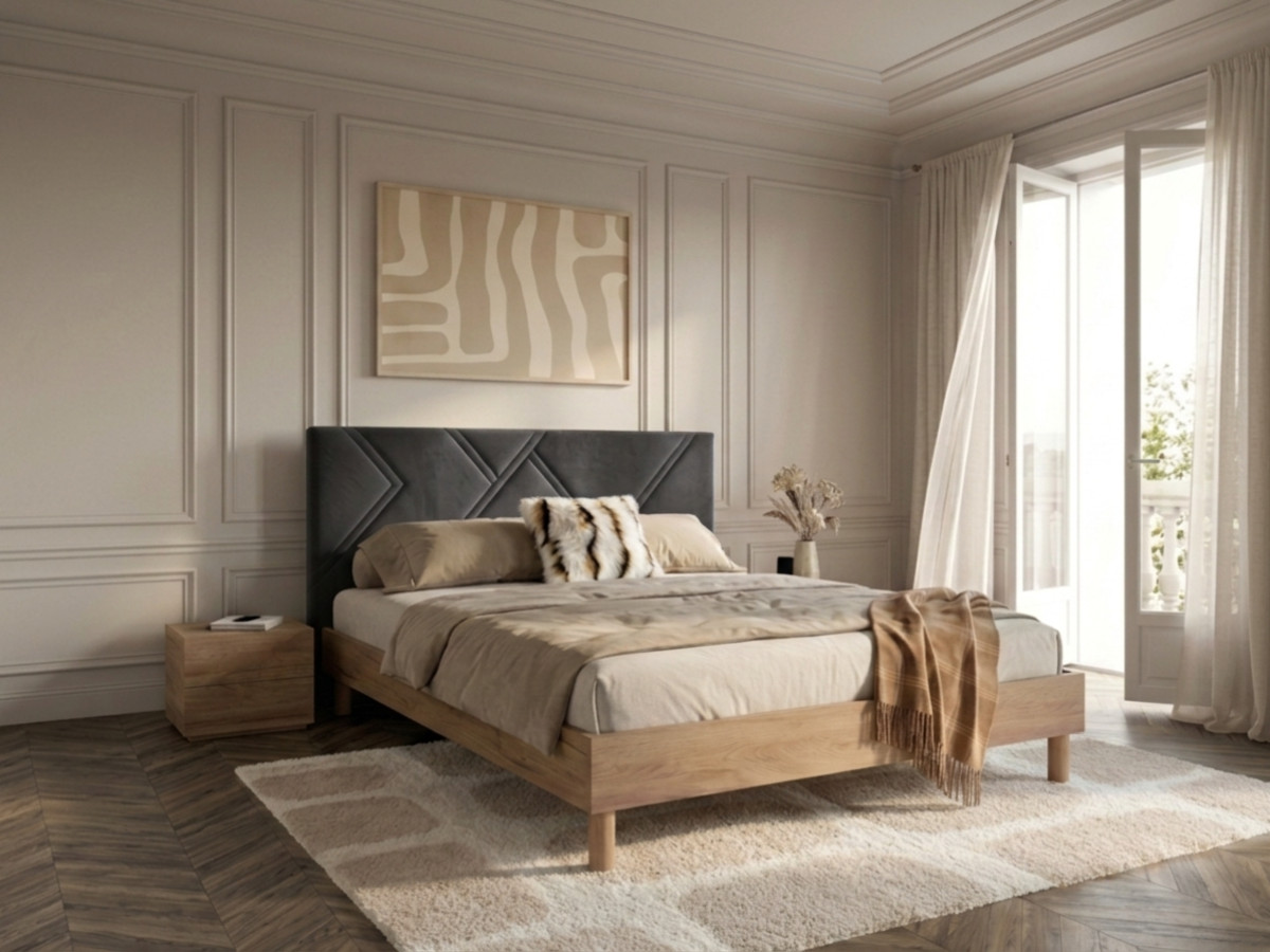 Lit MARVIN tissu velours lisse avec lattes massives