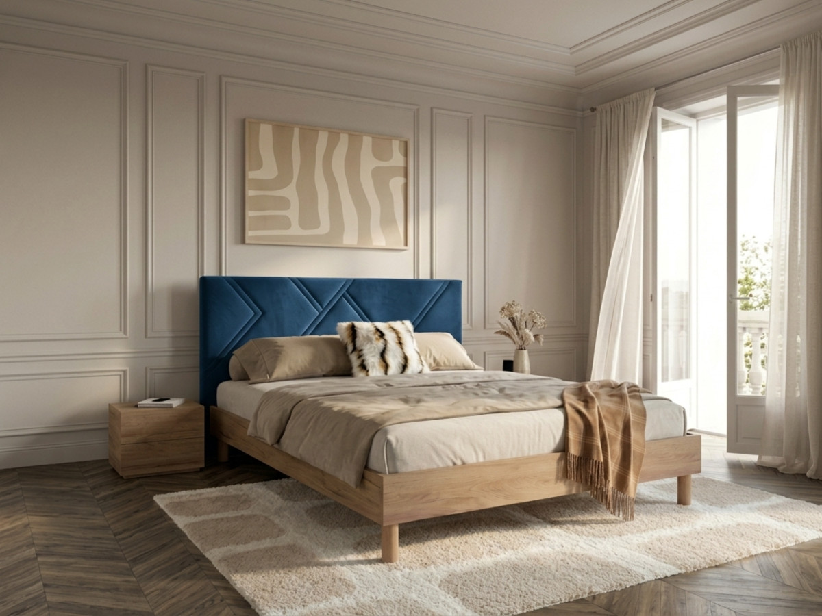 Lit MARVIN tissu velours lisse avec lattes massives