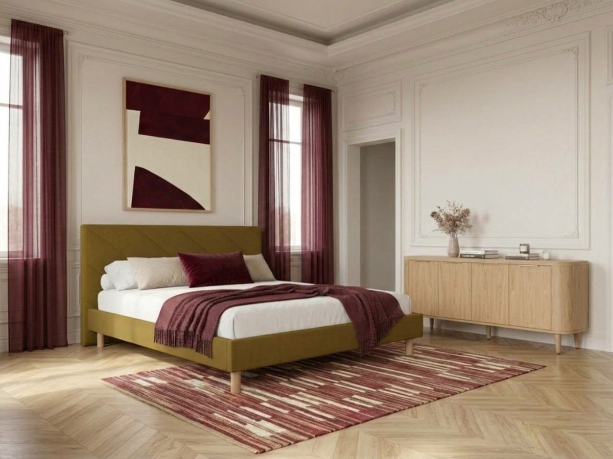 Lit HELENA tissu velours lisse avec lattes massives