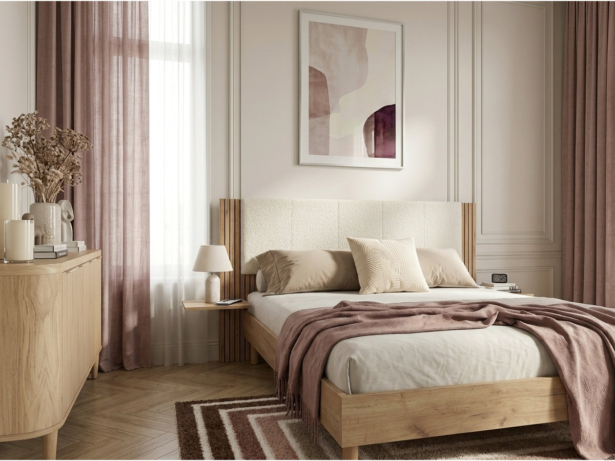 Lit ISYA tissu bouclette avec lattes massives