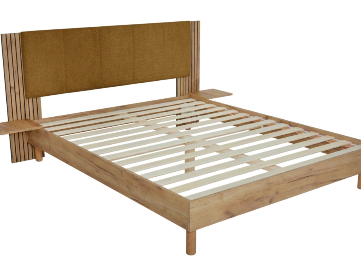 lit isya tissu bouclette avec lattes massives de couleur jaune