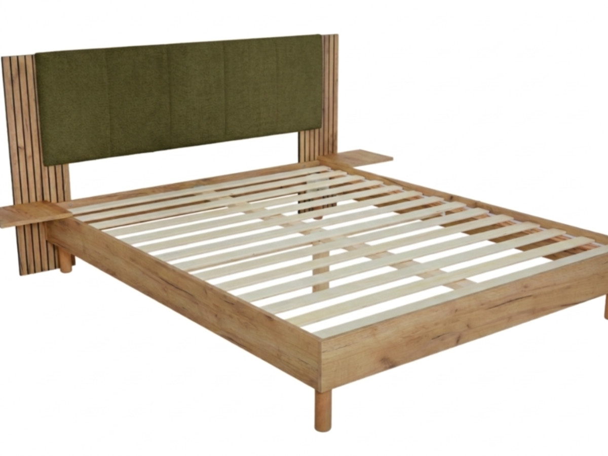 lit isya tissu bouclette avec lattes massives de couleur vert