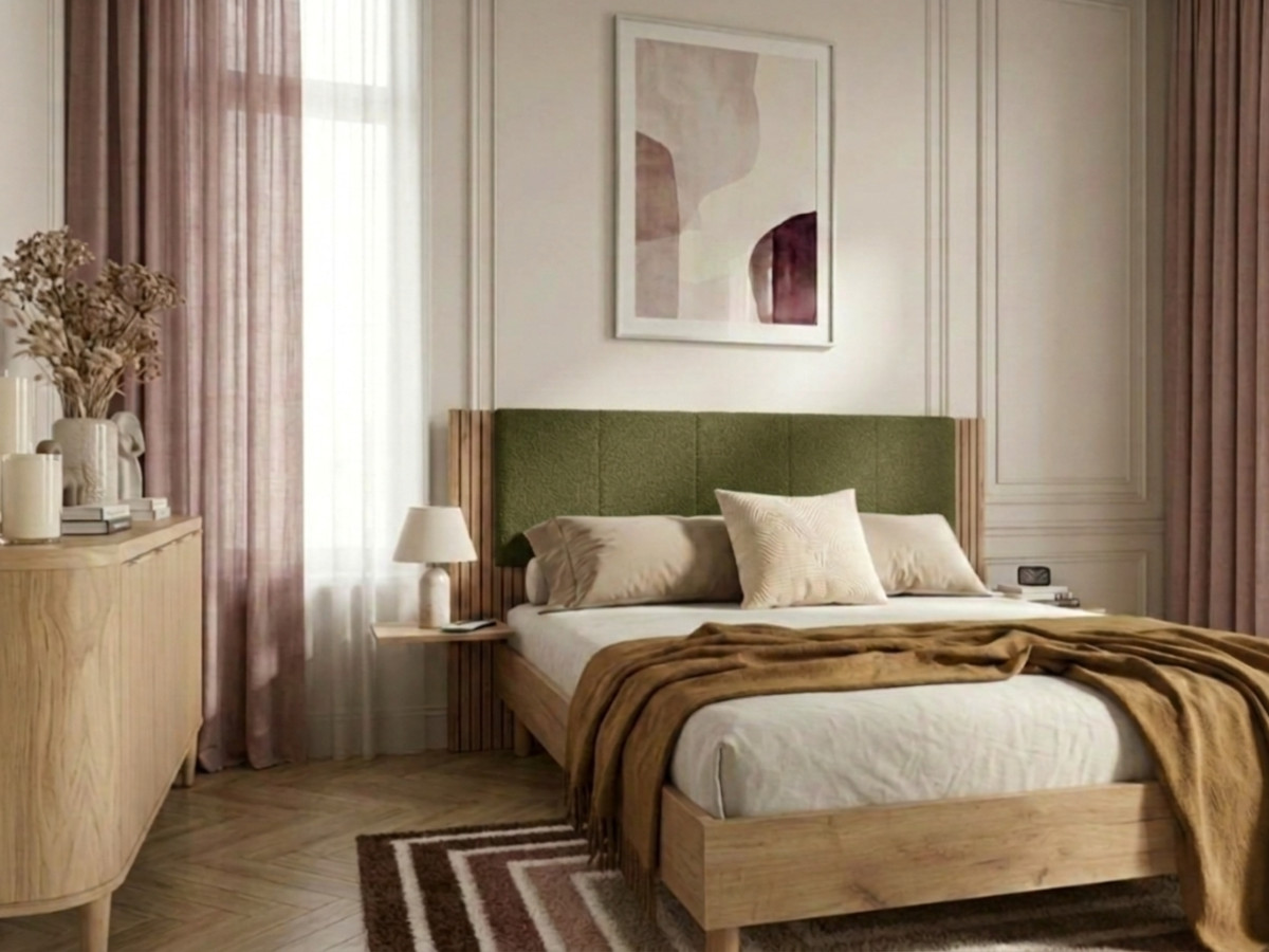 Lit ISYA tissu bouclette avec lattes massives