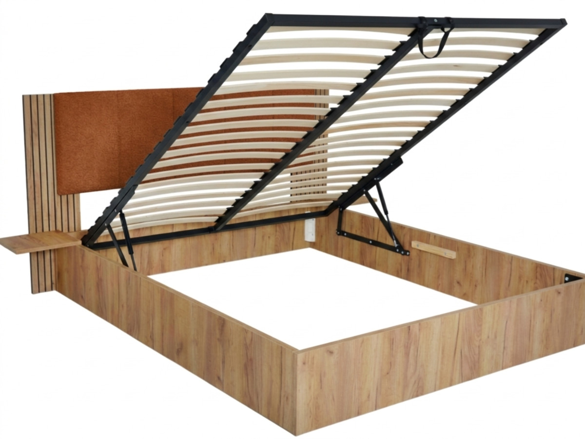 opbergbed isya met geïntegreerde nachtkastjes gekleurd oranje