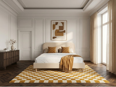 Lit KAYA tissu velours lisse avec lattes massives