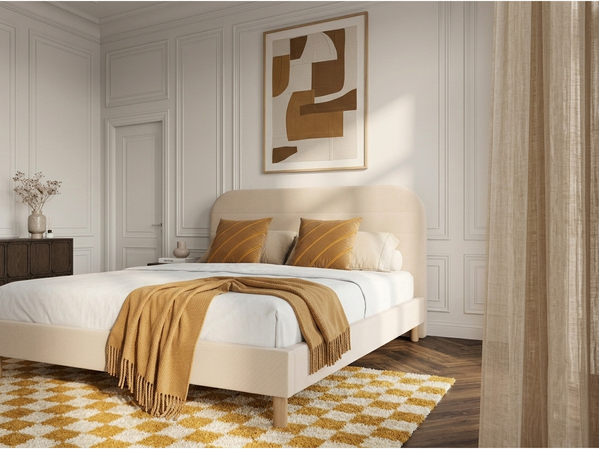 Lit KAYA tissu velours lisse avec lattes massives