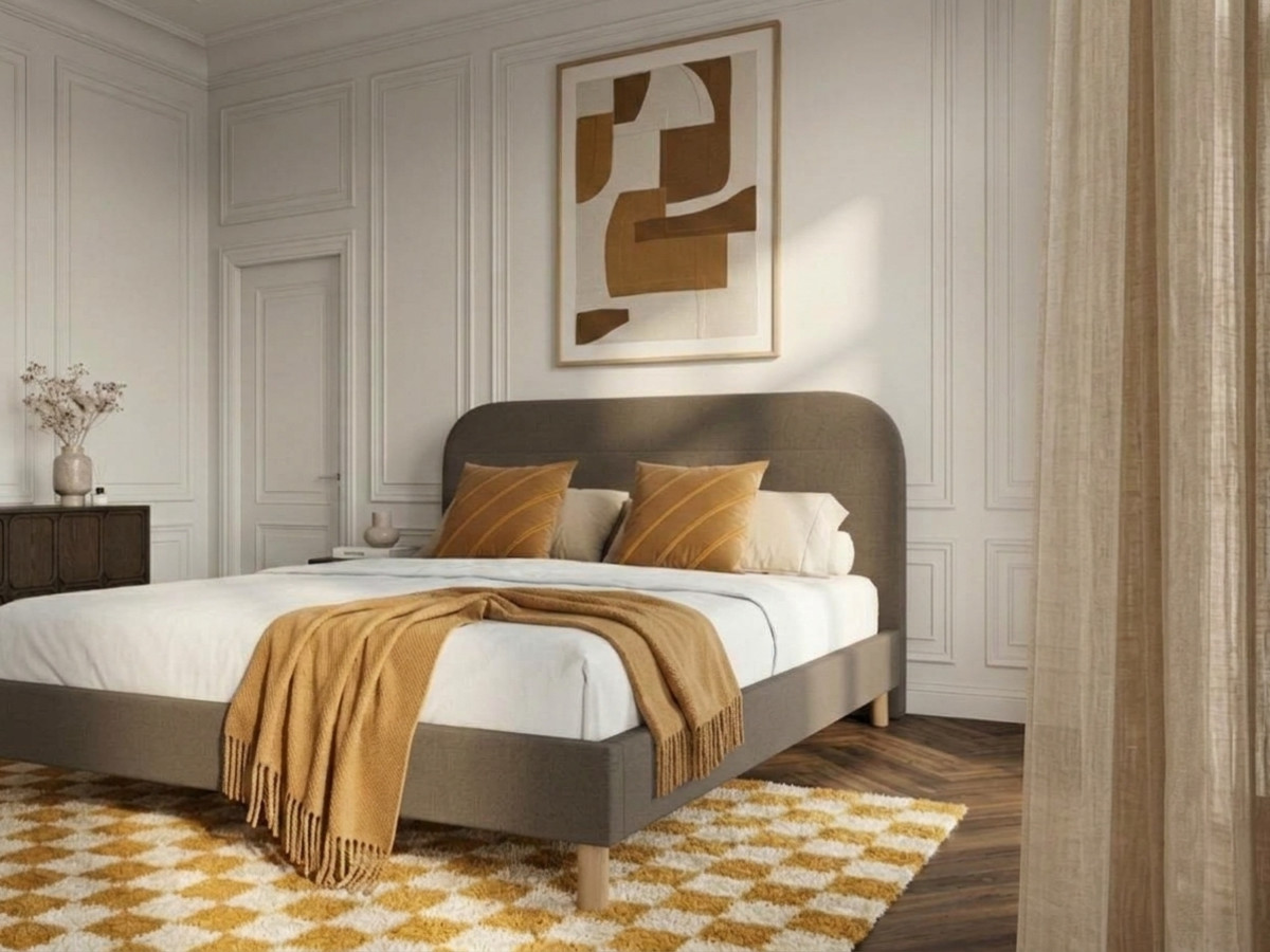 Lit KAYA tissu velours lisse avec lattes massives