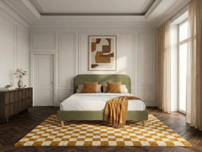 Lit KAYA tissu velours lisse avec lattes massives