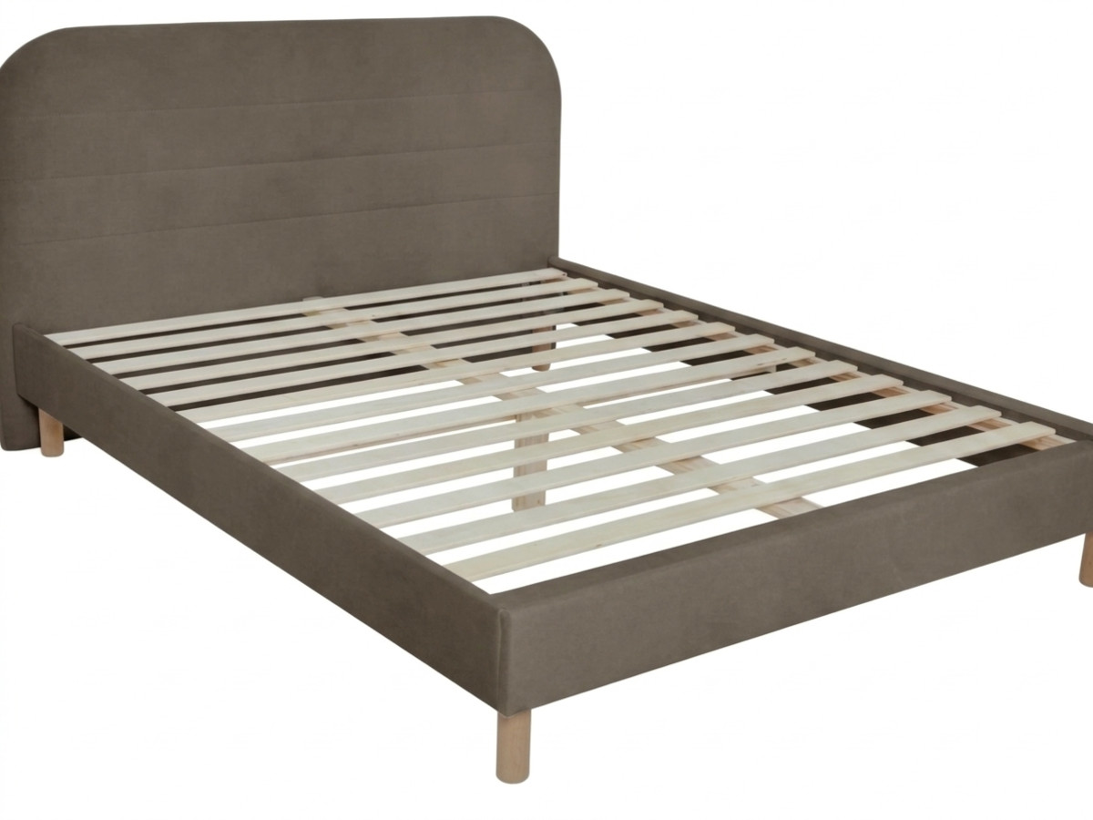 lit kaya tissu velours lisse avec lattes massives de couleur taupe