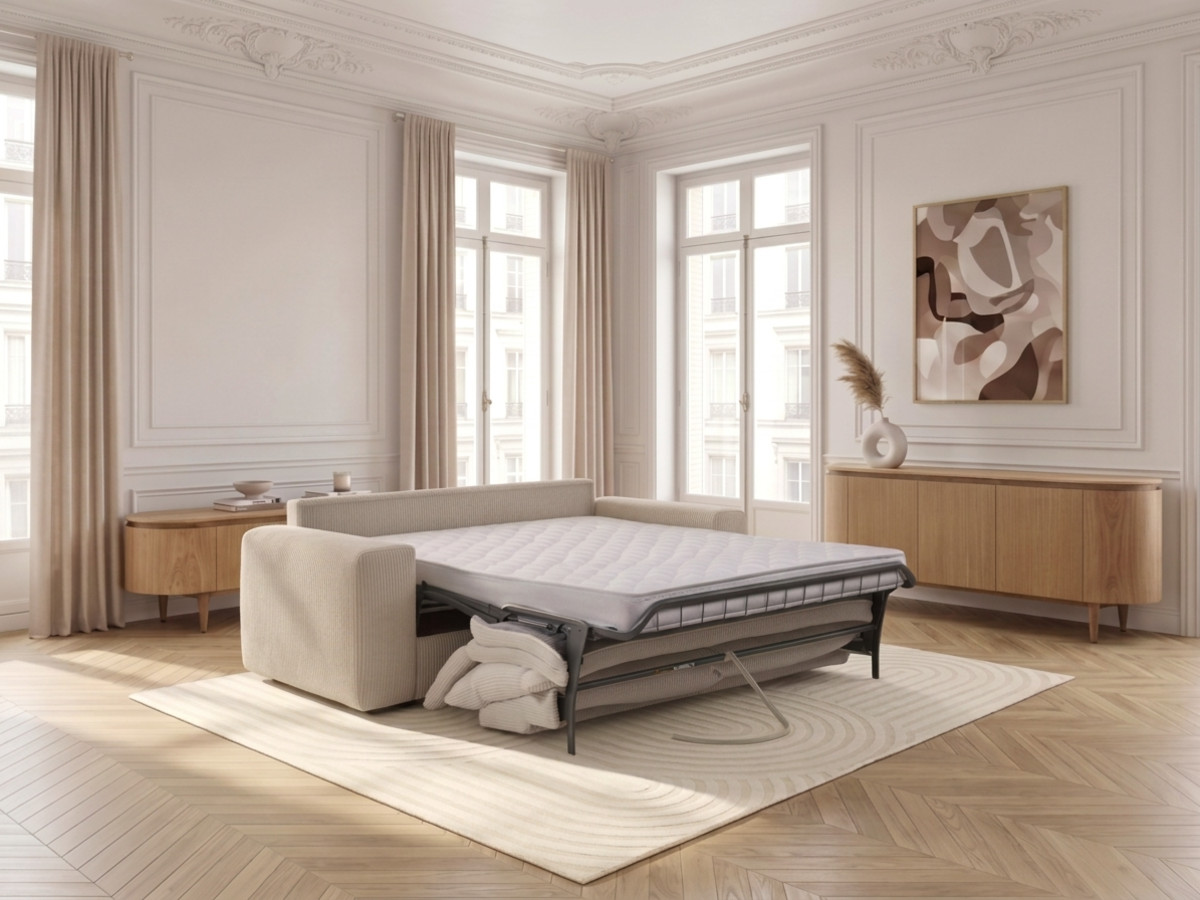 Canapé droit convertible ouverture express VOLTAIRE tissu velours côtelé