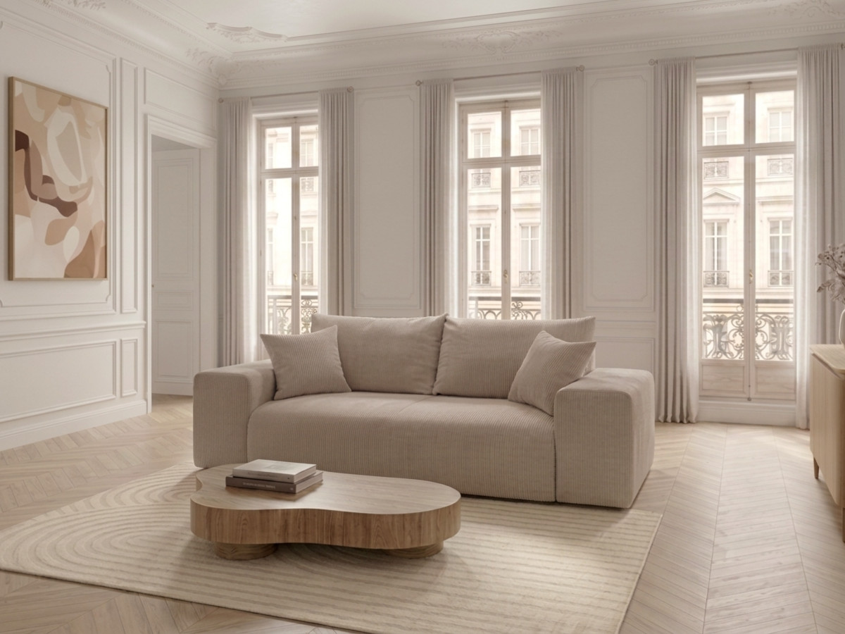 Canapé droit convertible VOLTAIRE velours côtelé beige