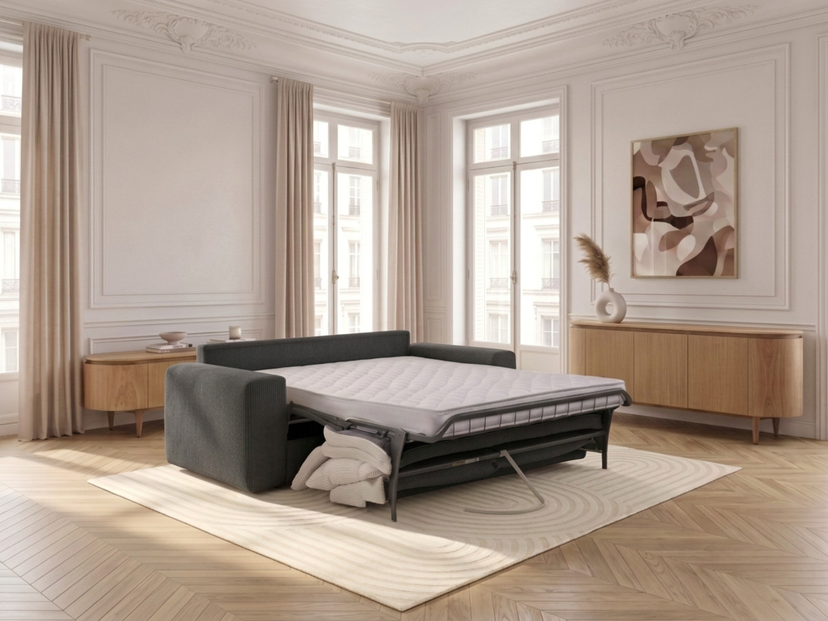 Canapé droit convertible ouverture express VOLTAIRE tissu velours côtelé