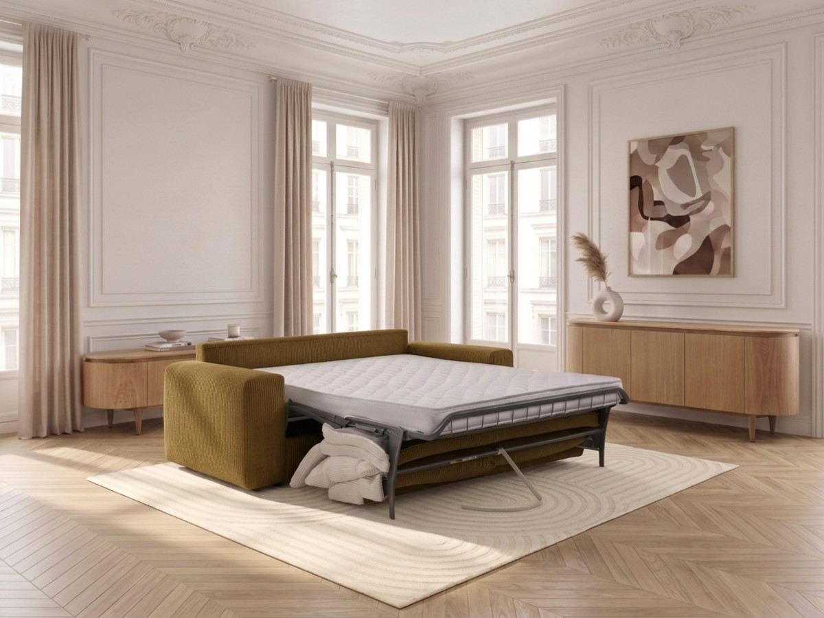 Canapé droit convertible ouverture express VOLTAIRE tissu velours côtelé