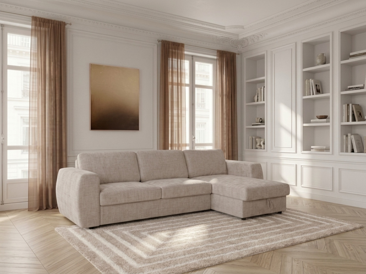 Canapé d'angle réversible convertible coffre HUGO texturé beige