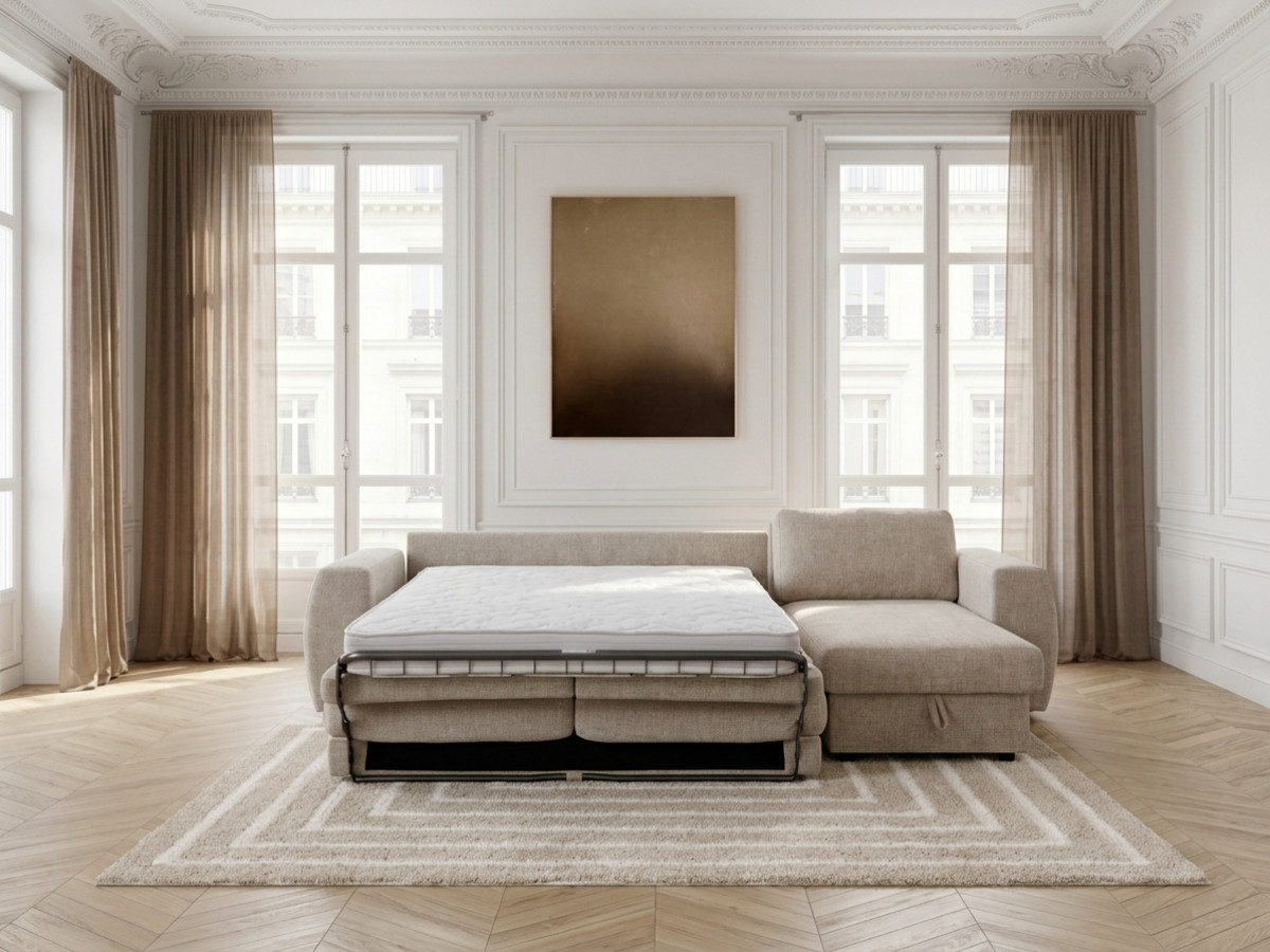 Canapé d'angle réversible convertible coffre HUGO ouverture express tissu texturé