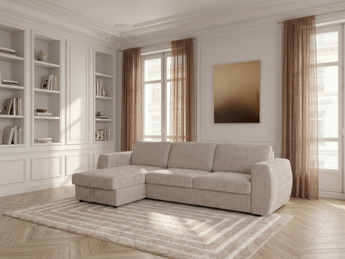 Canapé d'angle réversible convertible coffre HUGO ouverture express tissu texturé