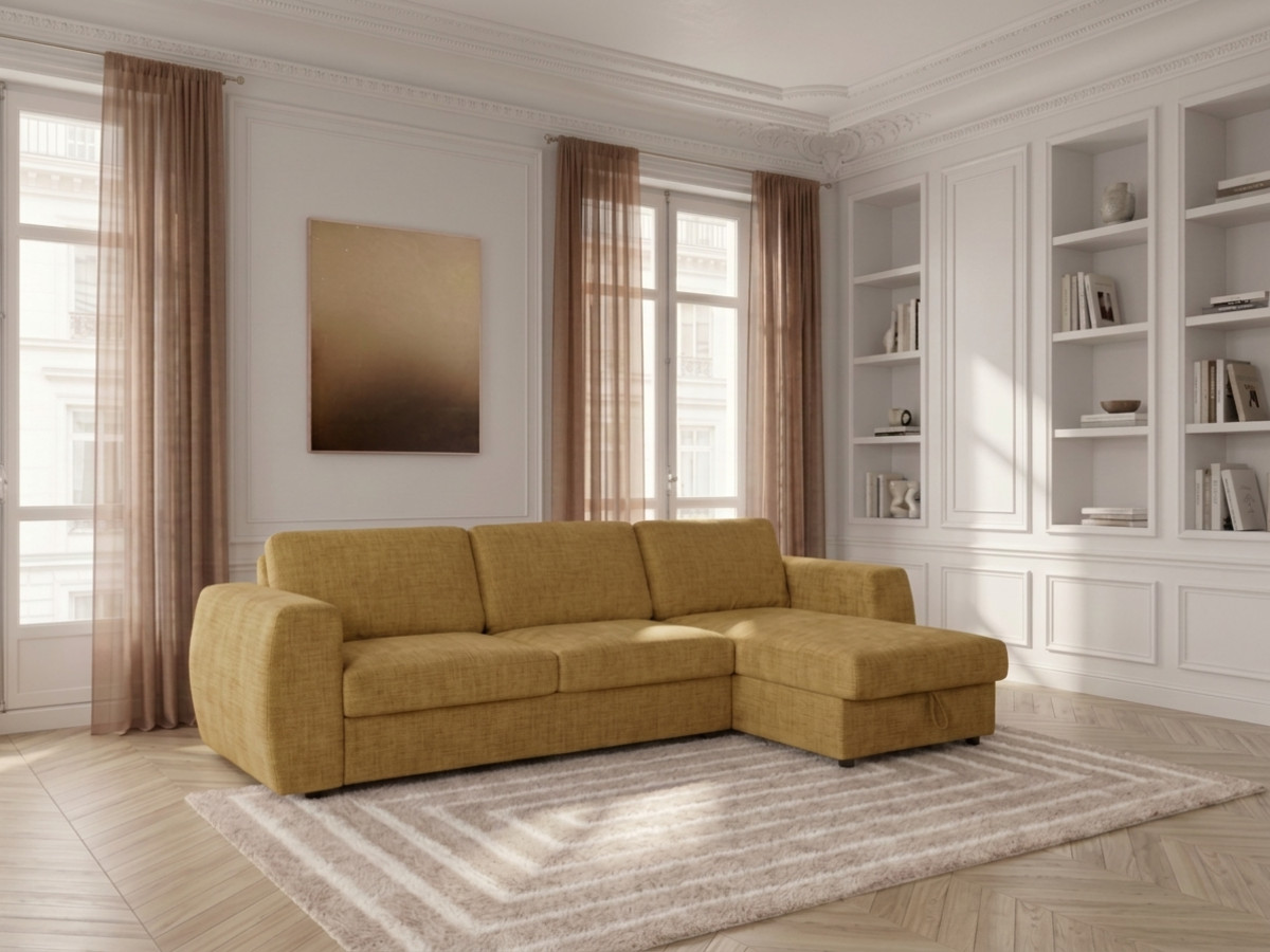 Canapé d'angle réversible convertible coffre HUGO ouverture express tissu texturé