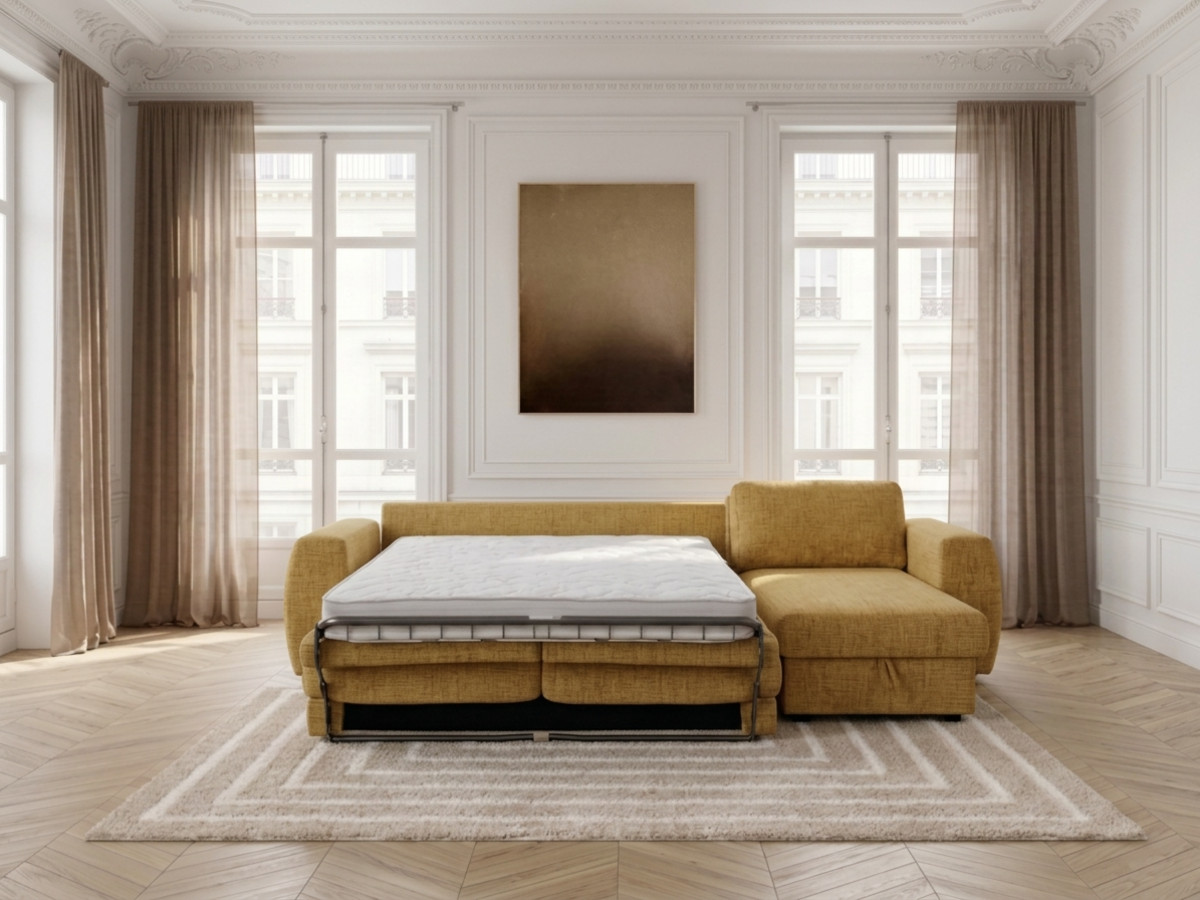 Canapé d'angle réversible convertible coffre HUGO ouverture express tissu texturé