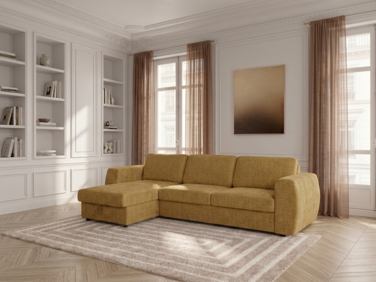 Canapé d'angle réversible convertible coffre HUGO ouverture express tissu texturé