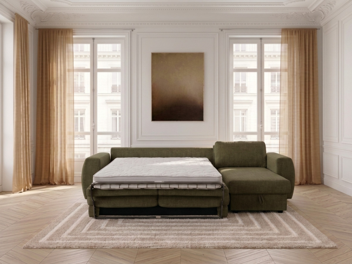 Canapé d'angle réversible convertible coffre HUGO ouverture express tissu texturé
