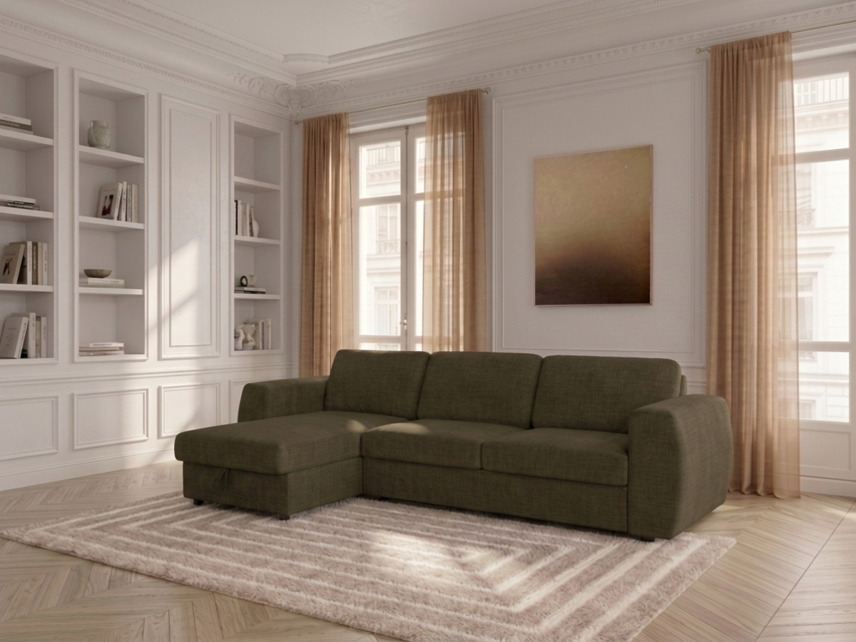 Canapé d'angle réversible convertible coffre HUGO ouverture express tissu texturé