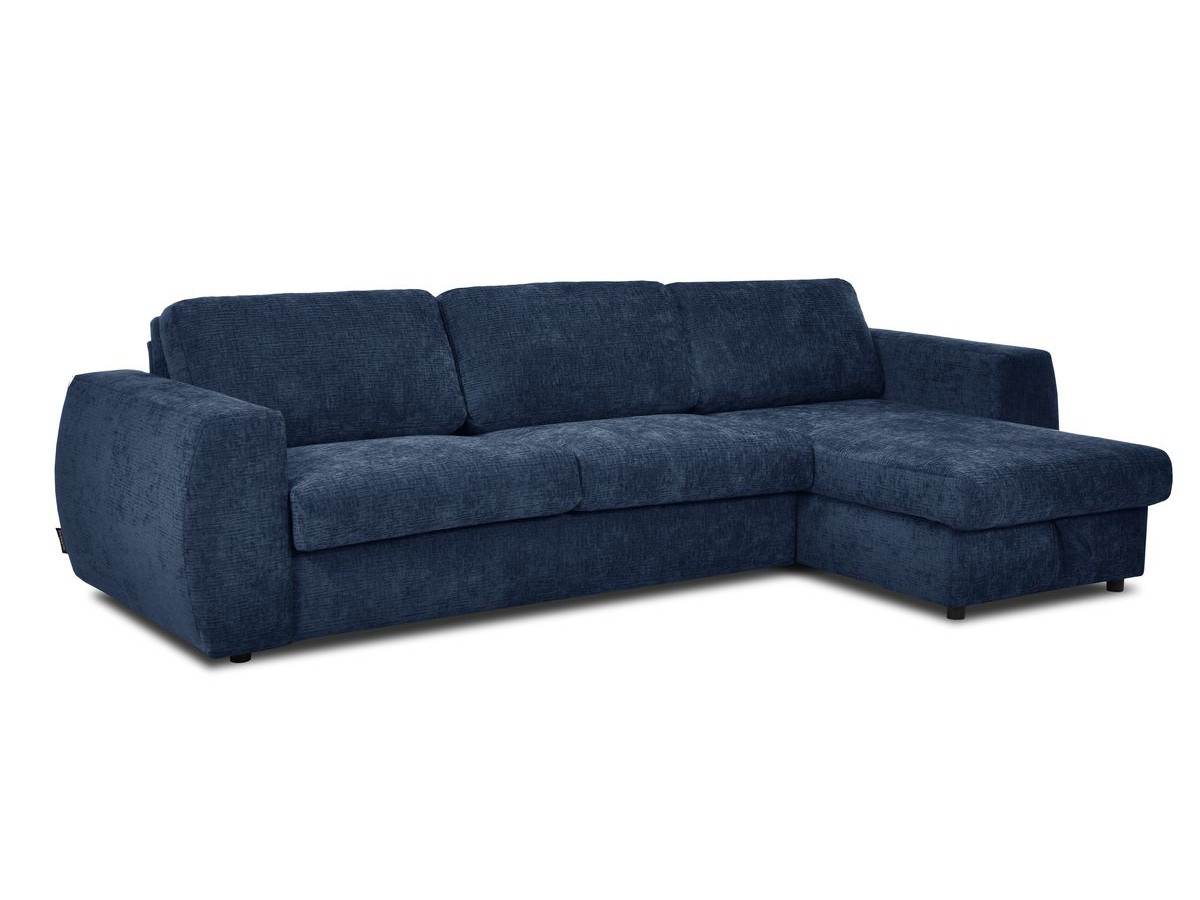 canapé d'angle réversible convertible coffre hugo ouverture express tissu texturé de couleur bleu foncé