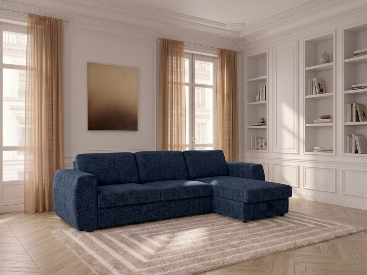 Canapé d'angle réversible convertible coffre HUGO ouverture express tissu texturé