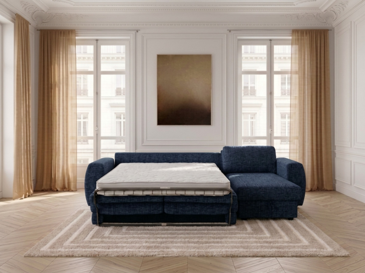 Canapé d'angle réversible convertible coffre HUGO ouverture express tissu texturé