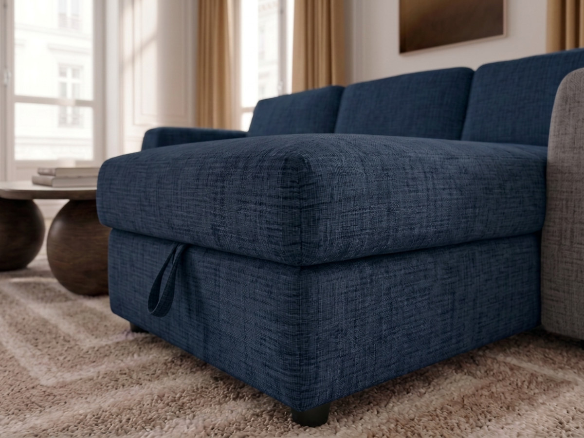 Canapé d'angle réversible convertible coffre HUGO ouverture express tissu texturé
