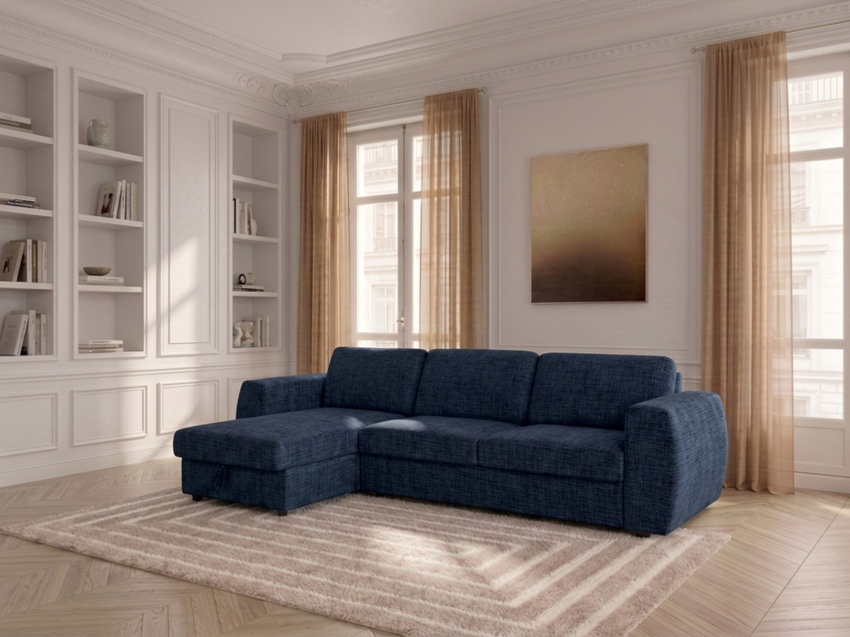 Canapé d'angle réversible convertible coffre HUGO ouverture express tissu texturé