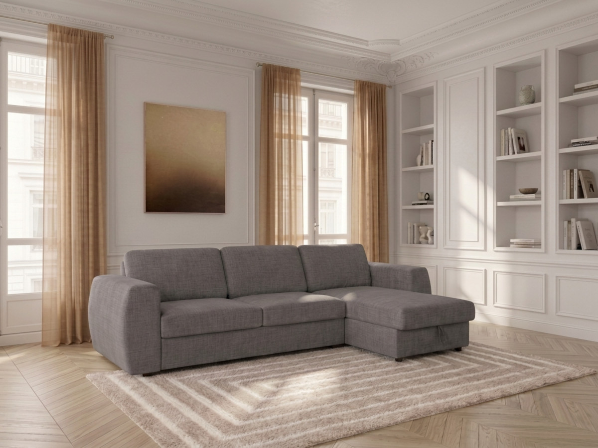 Canapé d'angle réversible convertible coffre HUGO ouverture express tissu texturé