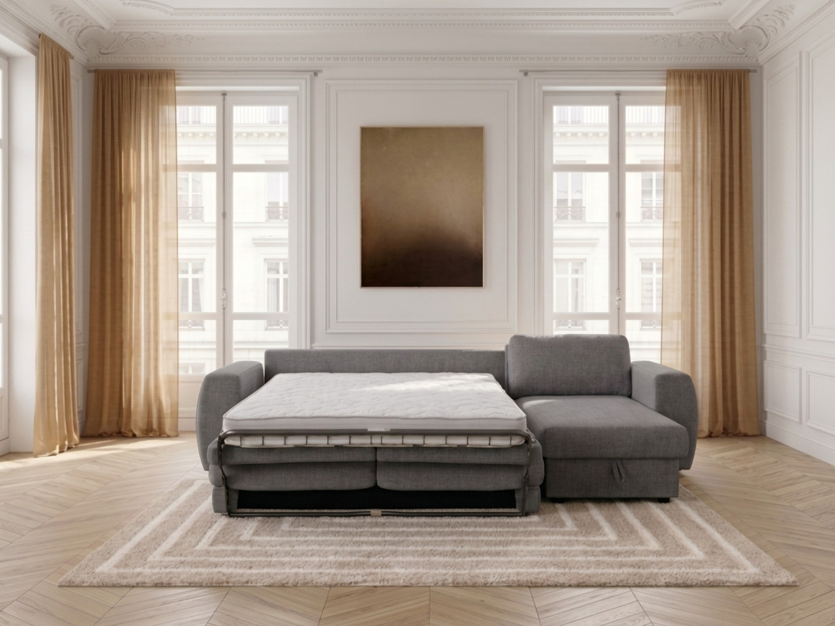 Canapé d'angle réversible convertible coffre HUGO ouverture express tissu texturé
