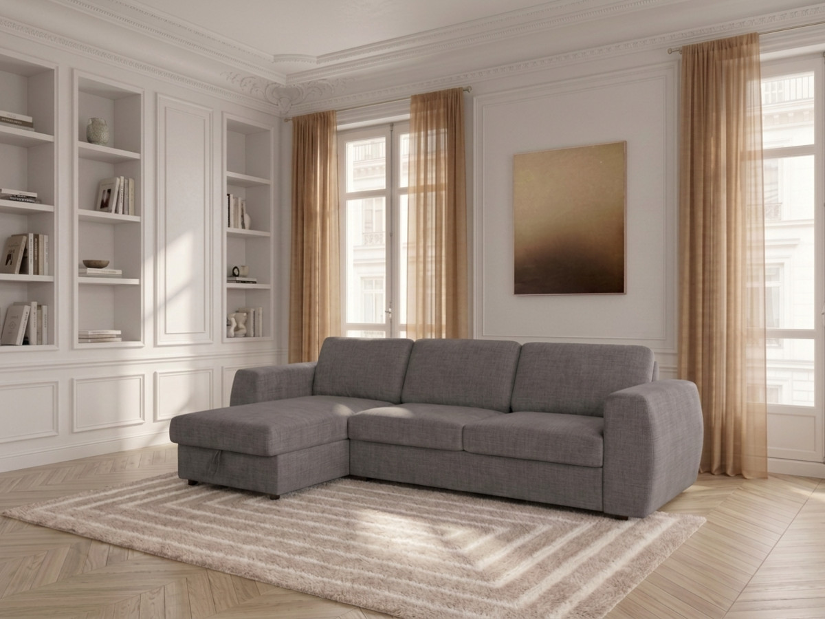 Canapé d'angle réversible convertible coffre HUGO ouverture express tissu texturé