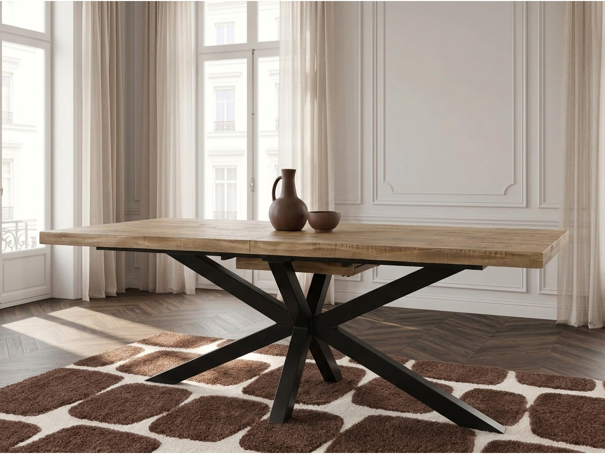 Table extensible SIBYLLE bois massif de manguier et métal