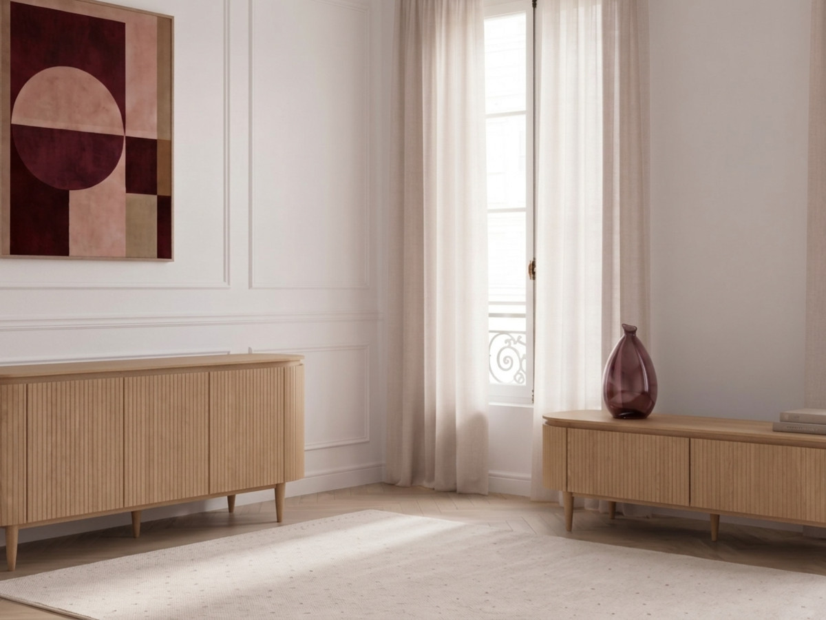 SORMIOU set met 180 cm dressoir + 180 cm tv-meubel in massief eiken fineer