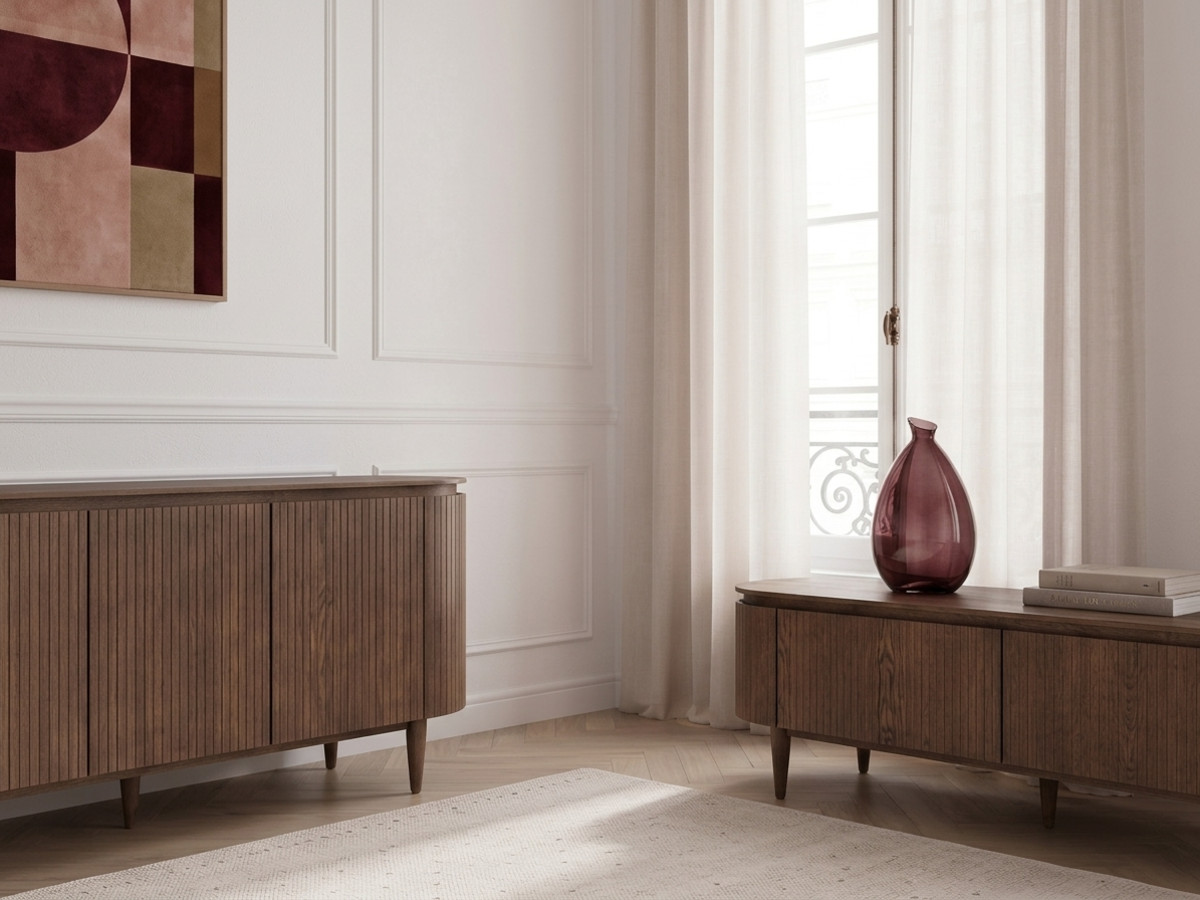 SORMIOU set met 180 cm dressoir + 180 cm tv-meubel in massief eiken fineer