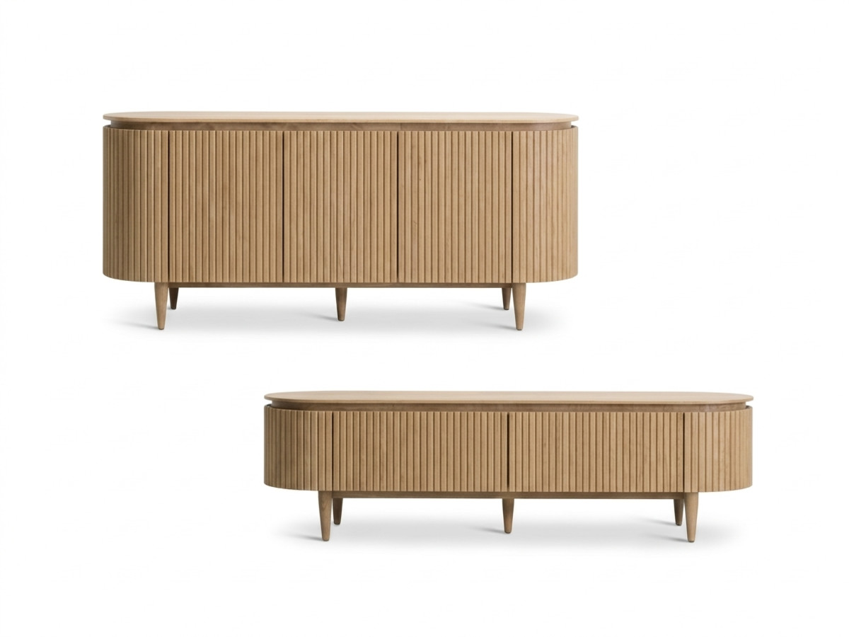 SORMIOU set met 180 cm dressoir + 180 cm tv-meubel in massief eiken fineer