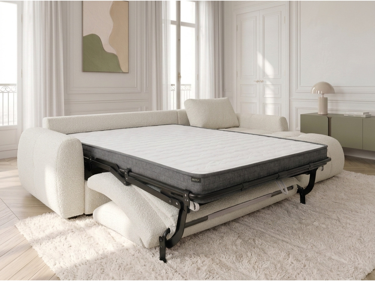 Canapé d'angle réversible convertible coffre FUJI ouverture express tissu bouclette
