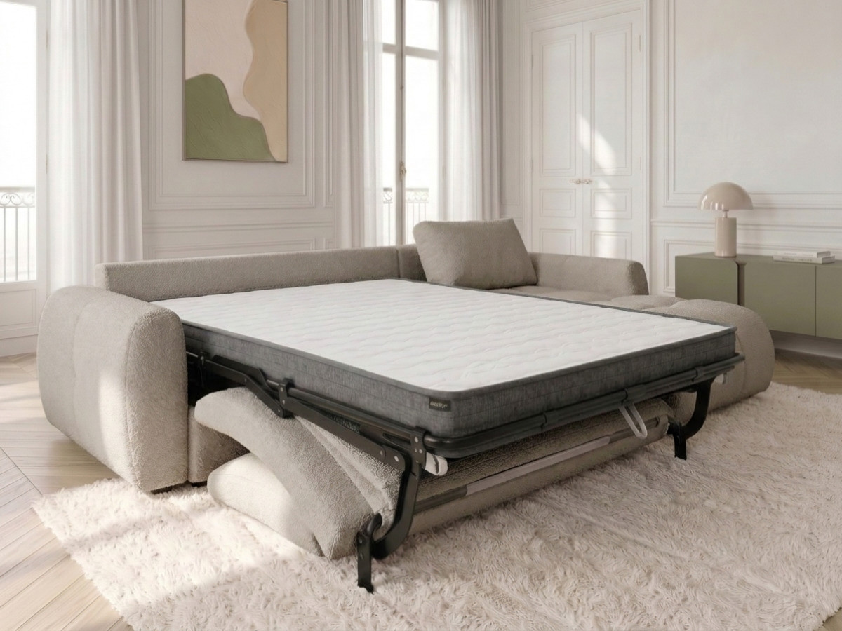Canapé d'angle réversible convertible coffre FUJI ouverture express tissu bouclette