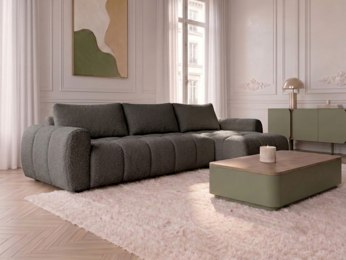 Canapé d'angle réversible convertible coffre FUJI ouverture express tissu bouclette